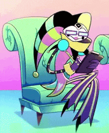 a cartoon character sitting in a chair reading a book