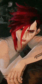 a woman with red hair and a tattoo on her arm has a ring on her finger