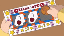 a person is holding a scratch card that says quahog lotto on it