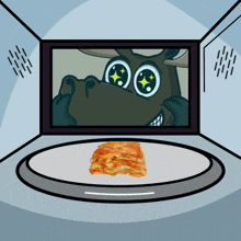 a cartoon moose is looking at a slice of lasagna