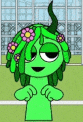 a cartoon character with green hair and flowers in her hair is standing in front of a building .