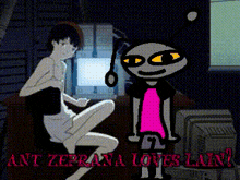 a cartoon of a girl sitting next to another girl with the words " ant zeprana loves lain " above them