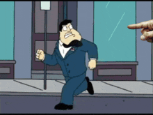 a cartoon character in a suit and bow tie is running down the street