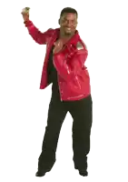 a man wearing a red leather jacket and black pants is dancing