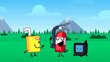 a fire extinguisher is standing next to a lighter and a cell phone .