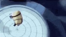 a cartoon character is flying through a circle in a room .