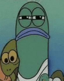 a cartoon character from spongebob squarepants is sitting next to a turtle .