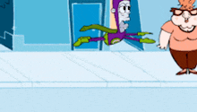 a cartoon of a man in a purple superhero costume standing next to a fat man