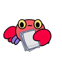 a cartoon of a red crab with purple claws and yellow eyes