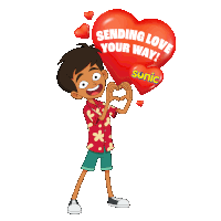 a cartoon boy is holding a red heart that says " sending love your way "