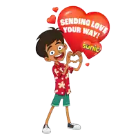 a cartoon boy is holding a red heart that says " sending love your way "