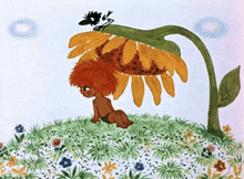 a drawing of a child sitting on a sunflower with a bird on it