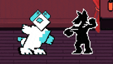 a pixel art of two cartoon characters standing next to each other on a brick floor .