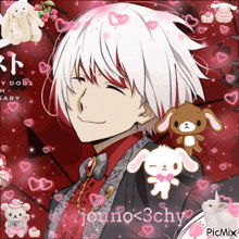 a picture of a boy with white hair and red highlights is surrounded by stuffed animals and hearts and says picmix