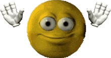 a yellow smiley face with white eyes and white gloves