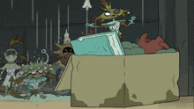 a cartoon character is standing in a cardboard box with other monsters