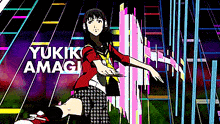 a girl is playing a guitar with the name yukik amagi on the bottom