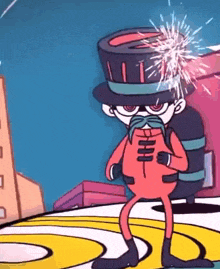 a cartoon character is wearing a top hat and smoking a cigarette .