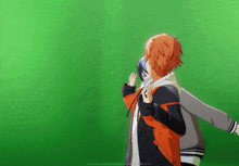 two anime characters standing next to each other on a green screen .