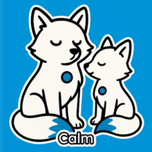 two white foxes are sitting next to each other with the words calm below them
