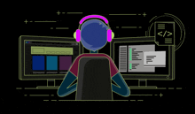 a person wearing headphones is sitting in front of a computer screen