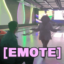 a bowling alley with the words [ emote ] on the bottom right