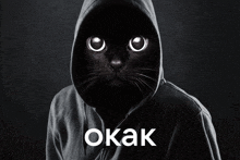 a black cat wearing a hoodie with the word okak in white