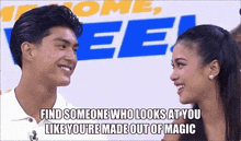 a man and a woman are looking at each other with the caption find someone who looks at you