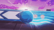 a blue ball is flying over a purple and white arrow