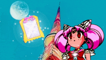 a cartoon drawing of a girl with pink hair and red eyes