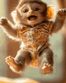 a baby monkey is jumping in the air while wearing a shirt and headphones .
