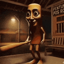 a cartoon character is holding a bat in front of a sign that says penutup post