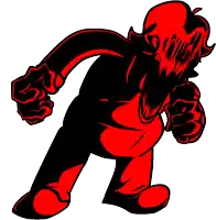 a red and black cartoon character is holding a fist in his hand .