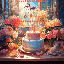 a painting of a birthday cake with the words happy birthday on it