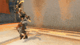 a video game character is jumping in the air with a sword in her hand .