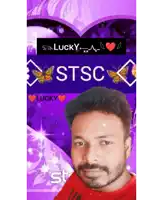 a man with a beard is standing in front of a purple background that says lucky stsc