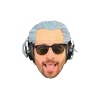 a man wearing headphones and sunglasses has his tongue out