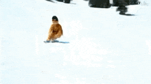 a person in a teddy bear costume is riding a snowboard down a snow covered slope .