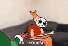 a cartoon of a person holding a fish with the words " kill yourself " on the bottom