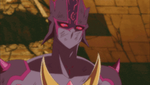 a purple and pink cartoon character with a sword on his chest flexes his muscles