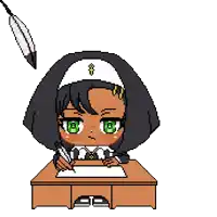a pixel art of a girl writing on a piece of paper with a pen