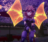 a purple and orange anime character with wings