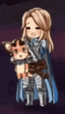 a woman in armor is holding a stuffed animal in her arms .
