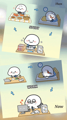 a cartoon of a man 's life with the words then and now at the bottom