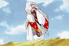 a cartoon of a woman in a kimono standing in a field .