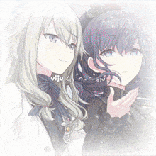 two anime girls are standing next to each other and the word viju is on the bottom left