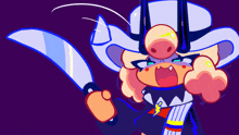 a cartoon character is holding a large knife in his right hand