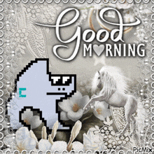 a picture of a white horse with the words good morning written on it