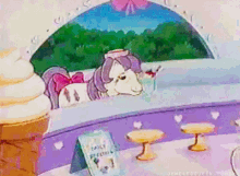 a cartoon of a pony looking out of a window with ice cream cones