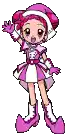a pixel art drawing of a girl in a pink dress and hat waving her hand .